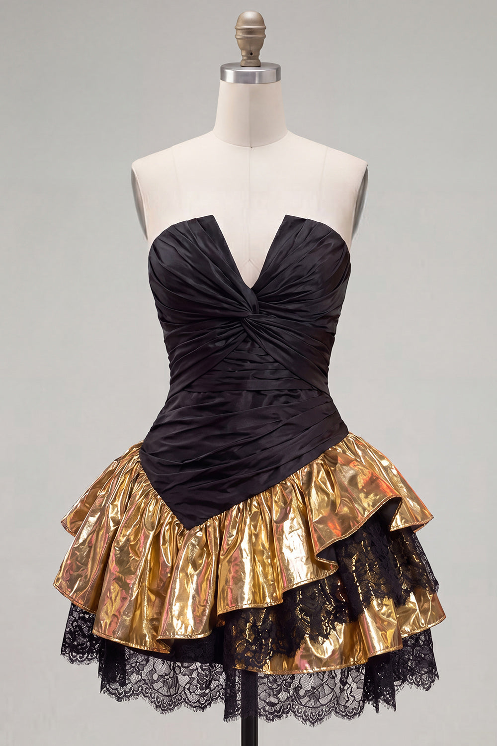 Black Golden Ruffled A Line Short 80s Homecoming Dress with Lace