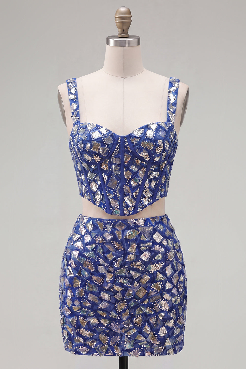 Sparkly Dark Blue 2 Piece Corset Mirror Tight Short Homecoming Dress