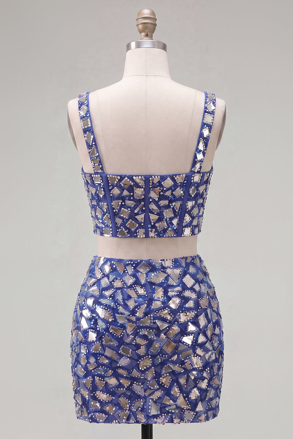 Sparkly Dark Blue 2 Piece Corset Mirror Tight Short Homecoming Dress