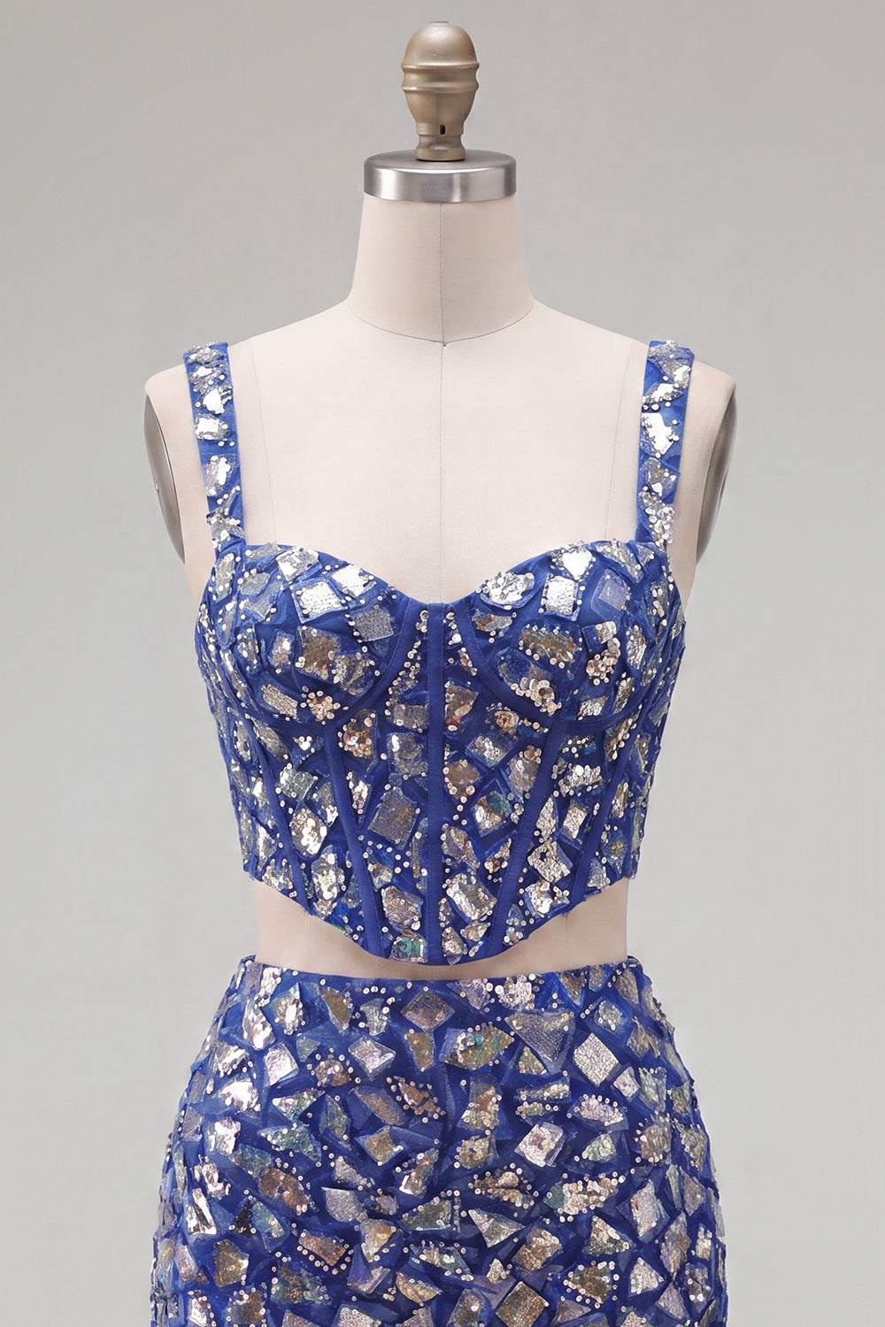 Sparkly Dark Blue 2 Piece Corset Mirror Tight Short Homecoming Dress