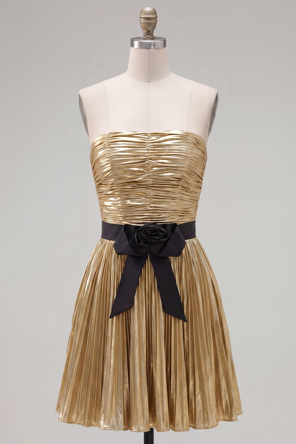 Golden Metallic Pleated Short A-Line Homecoming Dress with Bow