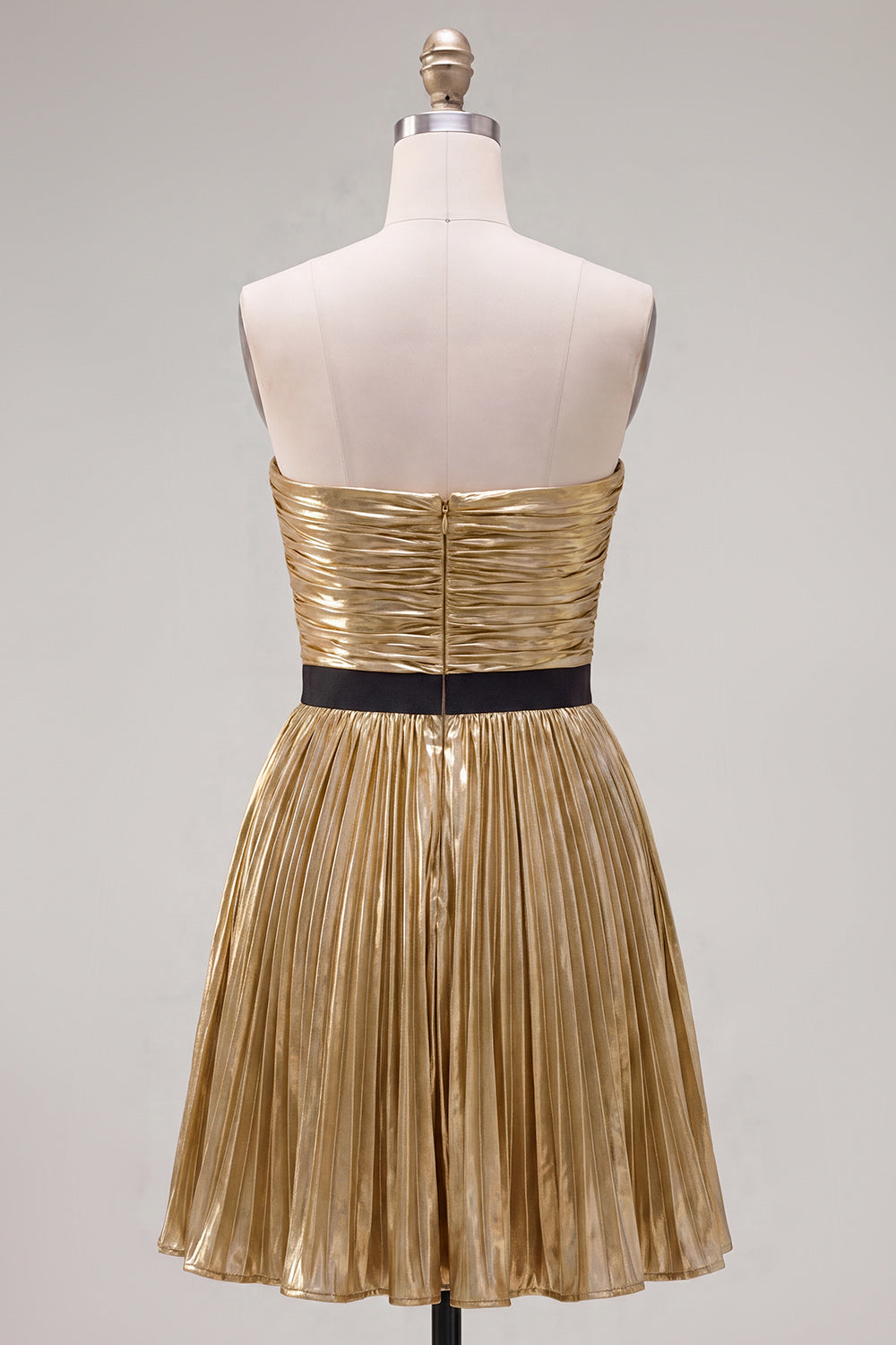 Golden Metallic Pleated Short A-Line Homecoming Dress with Bow