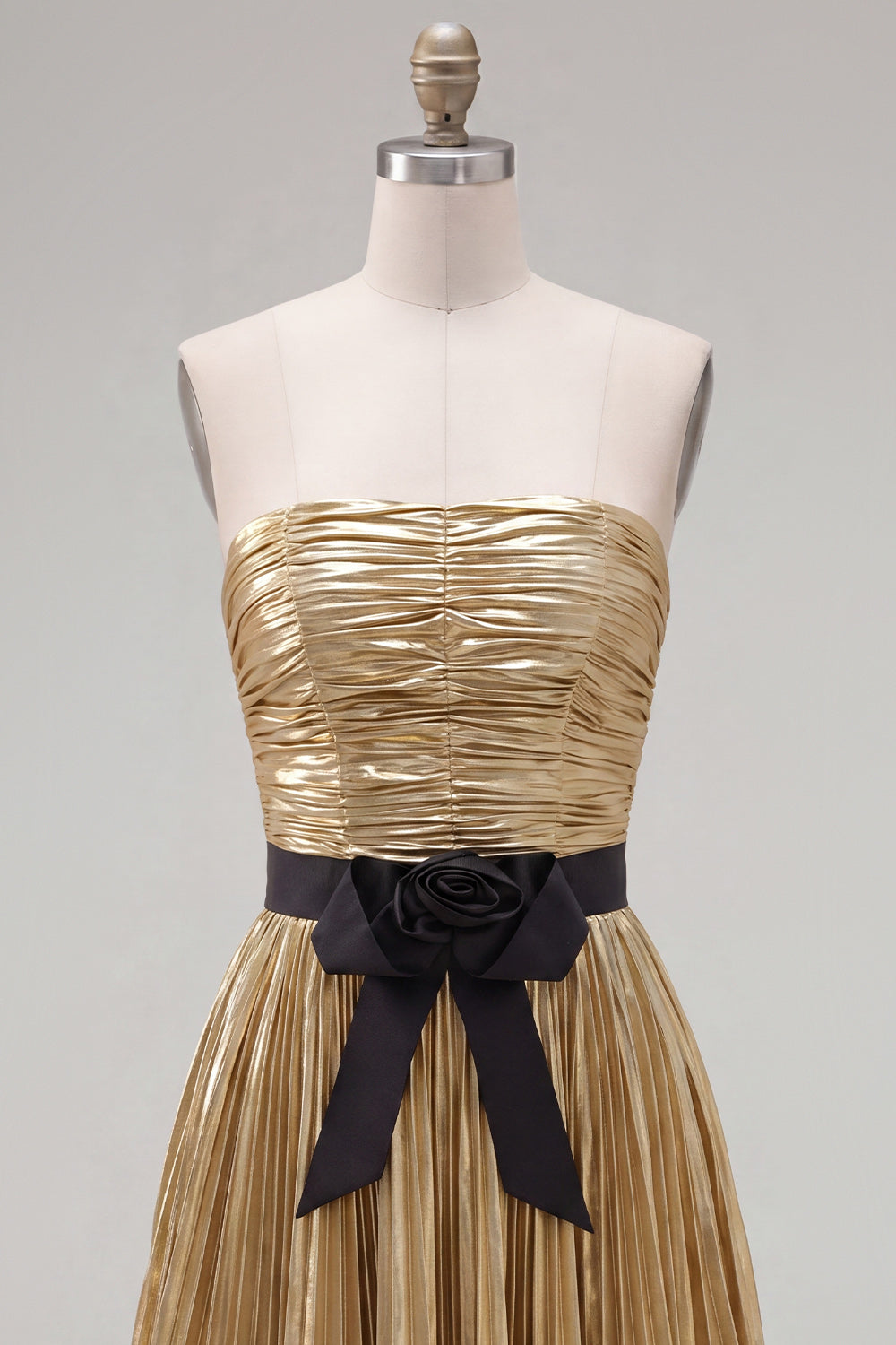 Golden Metallic Pleated Short A-Line Homecoming Dress with Bow