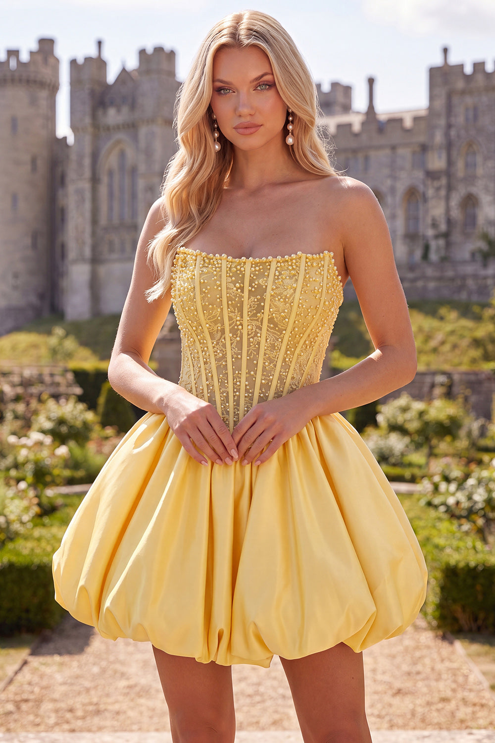 Yellow Strapless Corset Beaded A-Line Short Homecoming Dress
