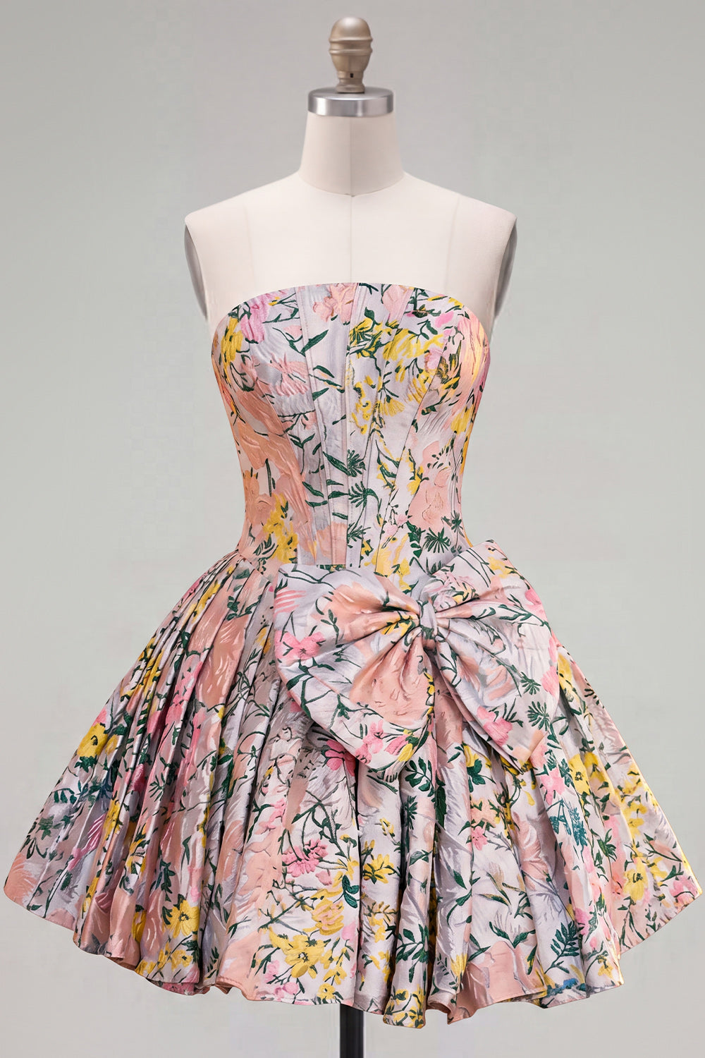 Grey Corset Jacquard A-Line Short Homecoming Dress with Bow
