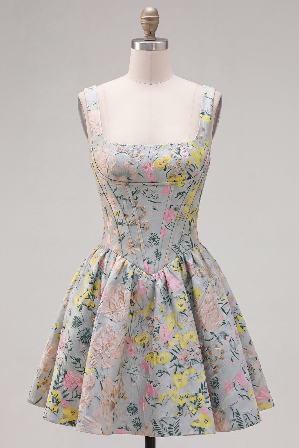 Grey A-Line Corset Jacquard Square Neck Short Homecoming Dress