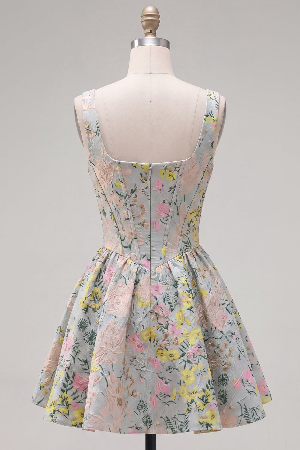 Grey A-Line Corset Jacquard Square Neck Short Homecoming Dress
