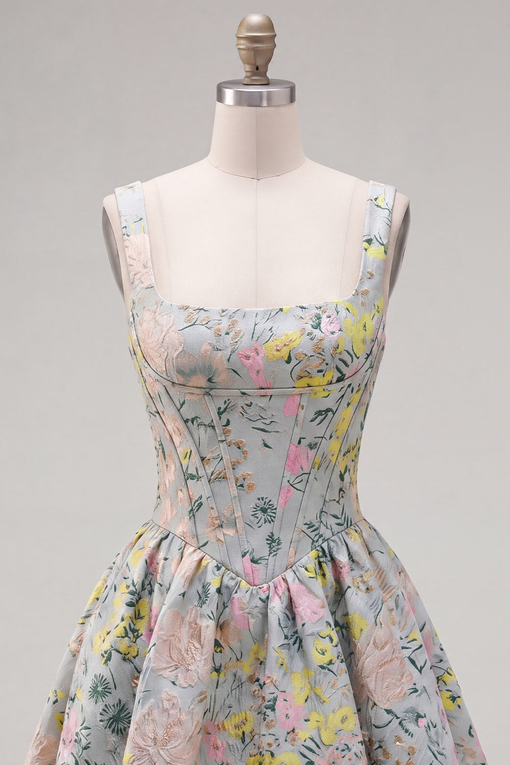 Grey A-Line Corset Jacquard Square Neck Short Homecoming Dress