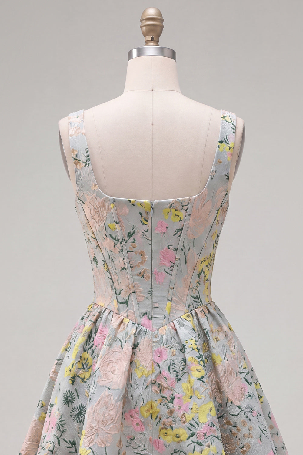 Grey A-Line Corset Jacquard Square Neck Short Homecoming Dress