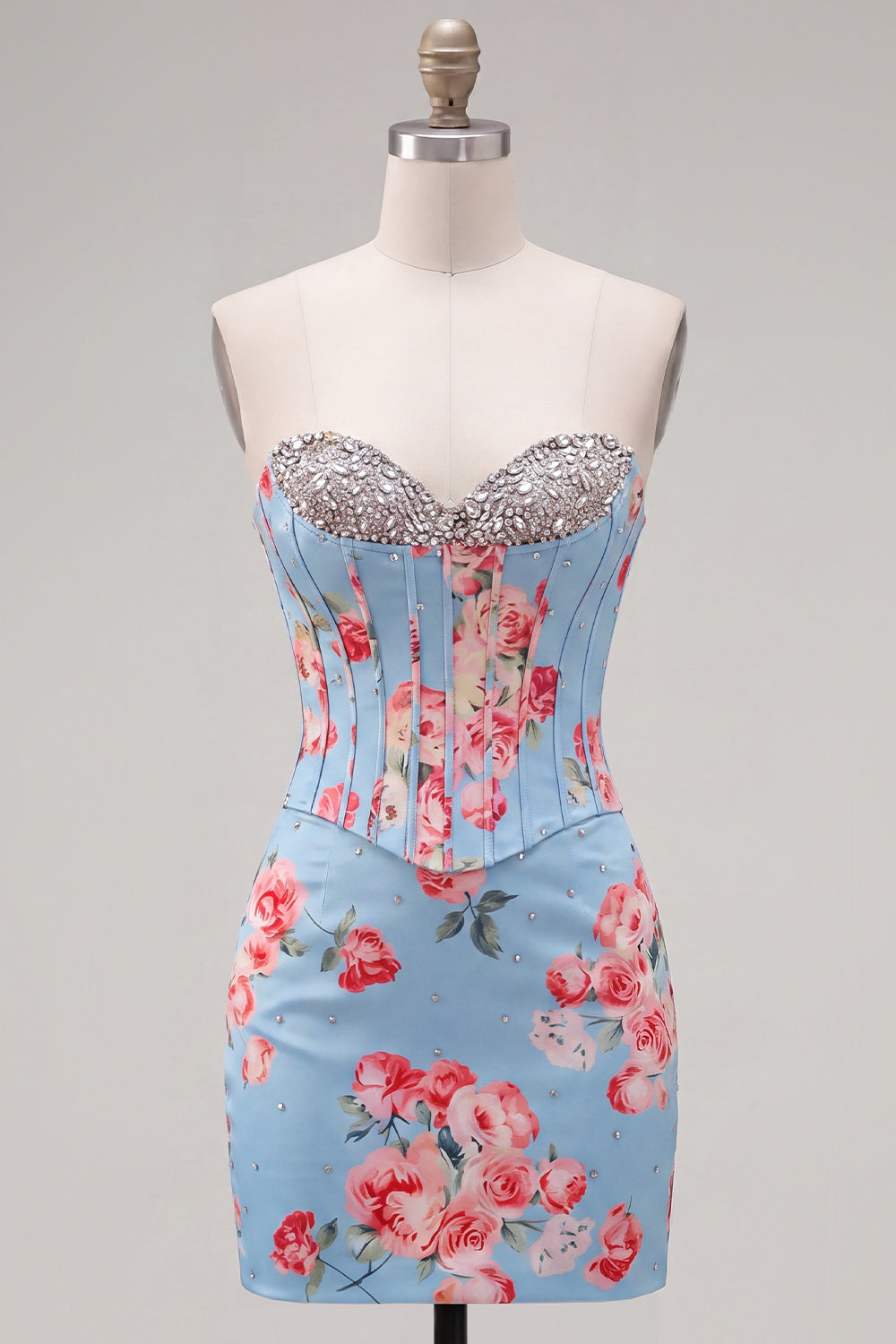 Sparkly Blue Floral Beaded Corset Tight Short Homecoming Dress
