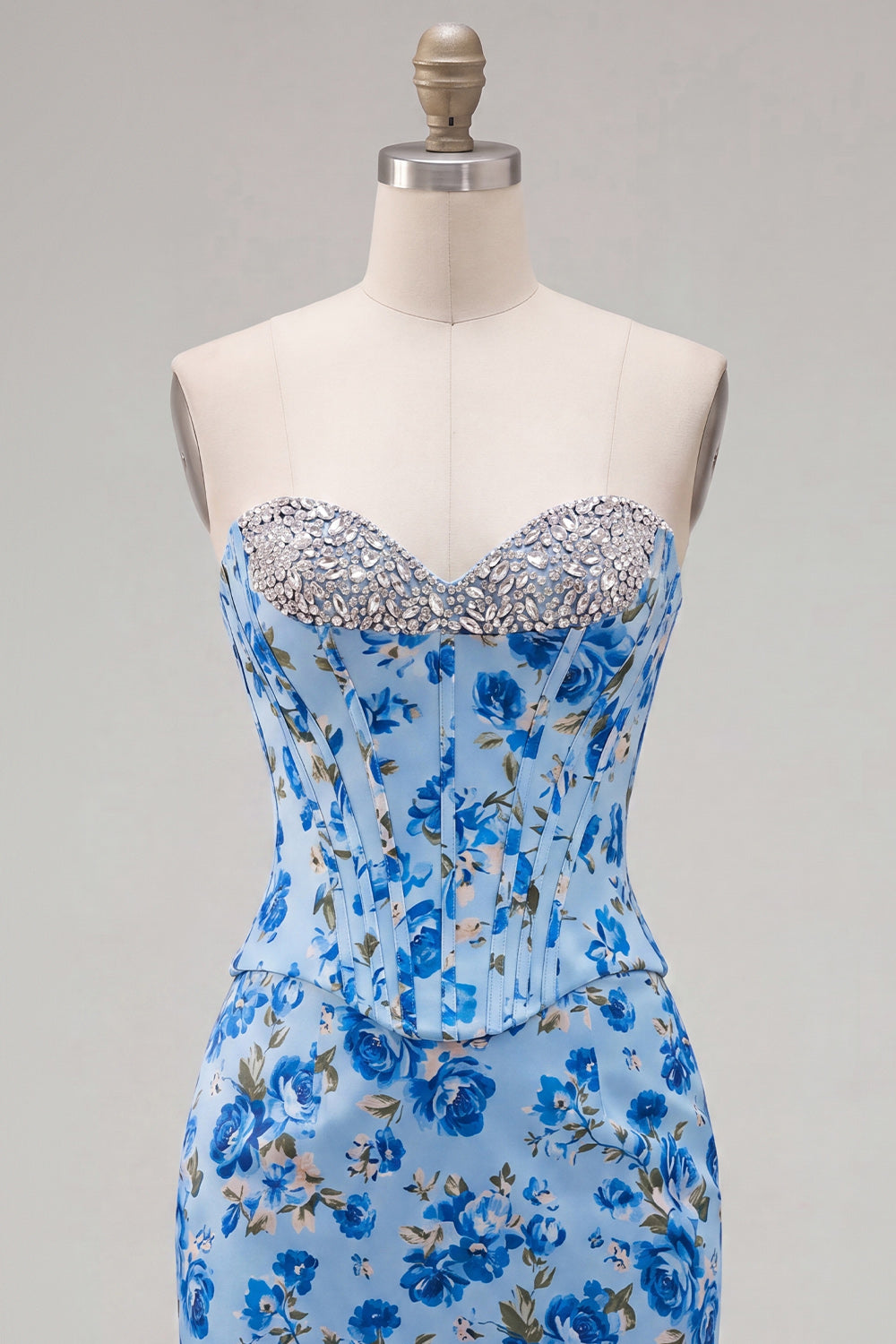 Sparkly Blue Floral Beaded Corset Tight Short Homecoming Dress