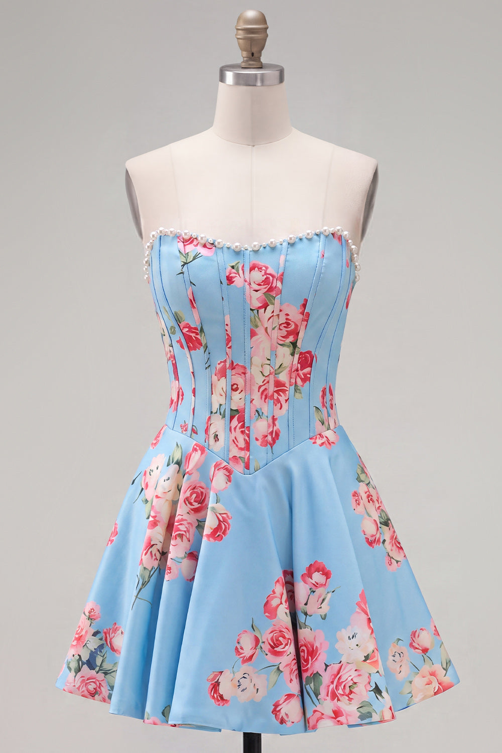 Blue Floral Satin Corset Strapless A-Line Short Homecoming Dress