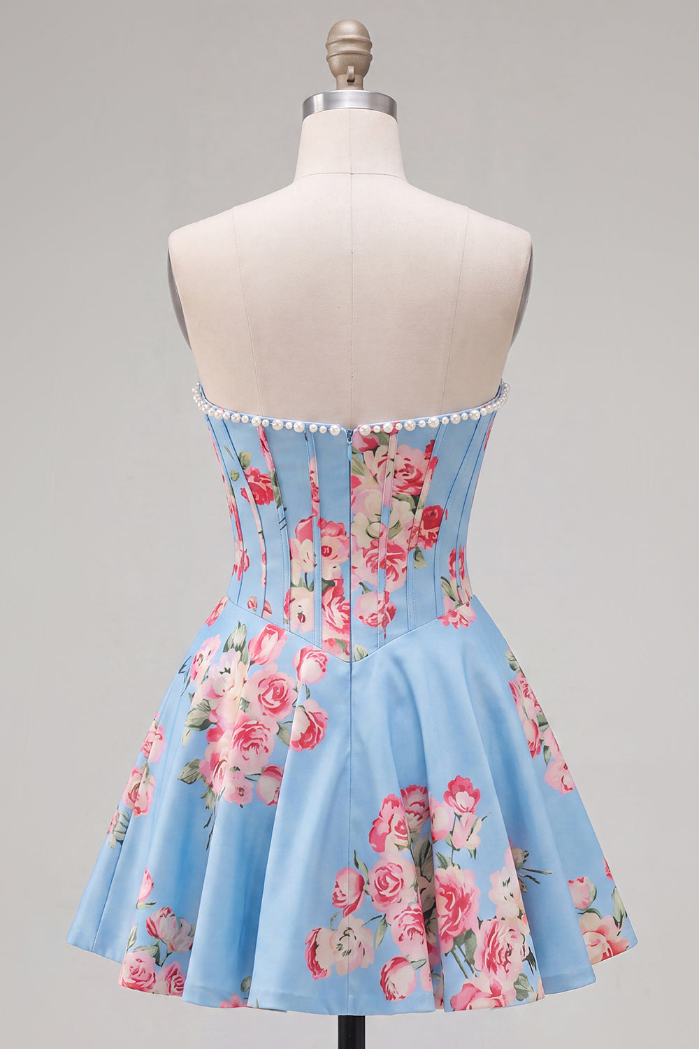 Blue Floral Satin Corset Strapless A-Line Short Homecoming Dress