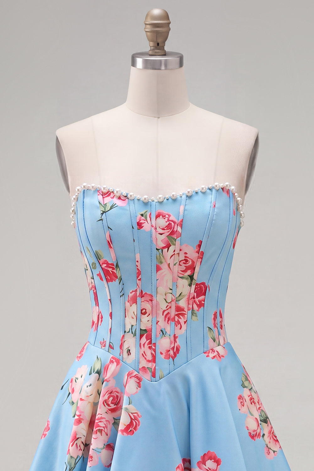 Blue Floral Satin Corset Strapless A-Line Short Homecoming Dress