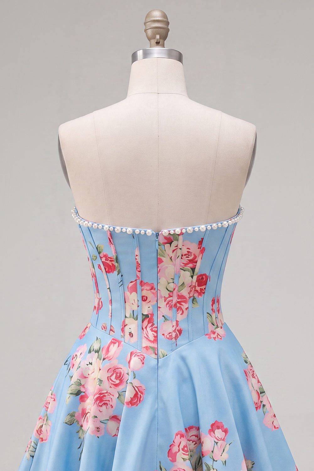 Blue Floral Satin Corset Strapless A-Line Short Homecoming Dress