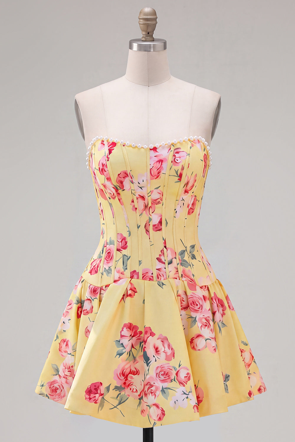Blue Floral Satin Corset Strapless A-Line Short Homecoming Dress