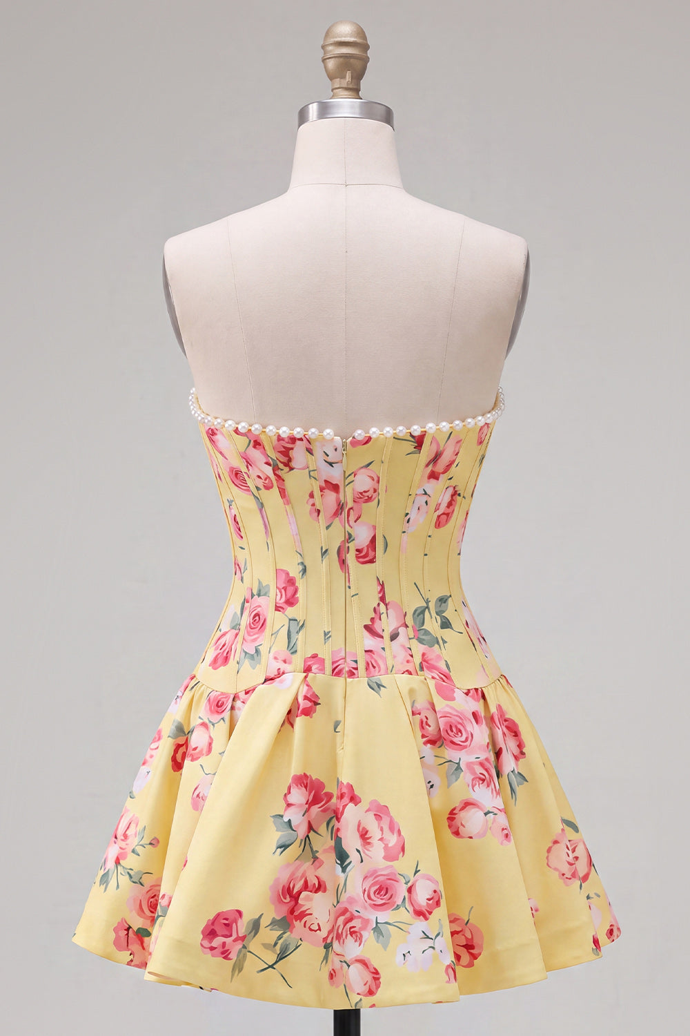 Blue Floral Satin Corset Strapless A-Line Short Homecoming Dress