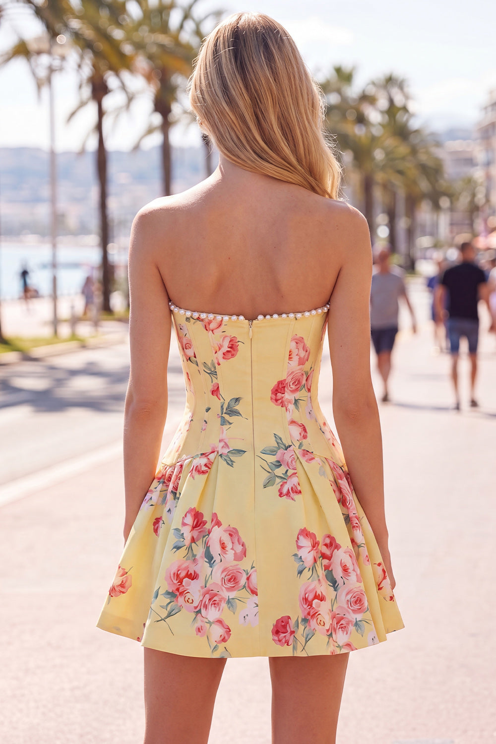 Blue Floral Satin Corset Strapless A-Line Short Homecoming Dress