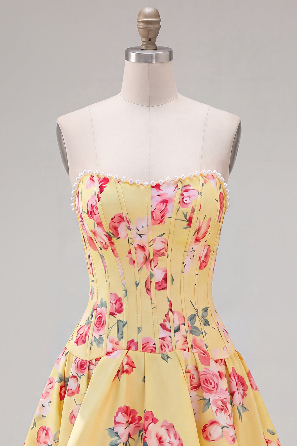 Blue Floral Satin Corset Strapless A-Line Short Homecoming Dress