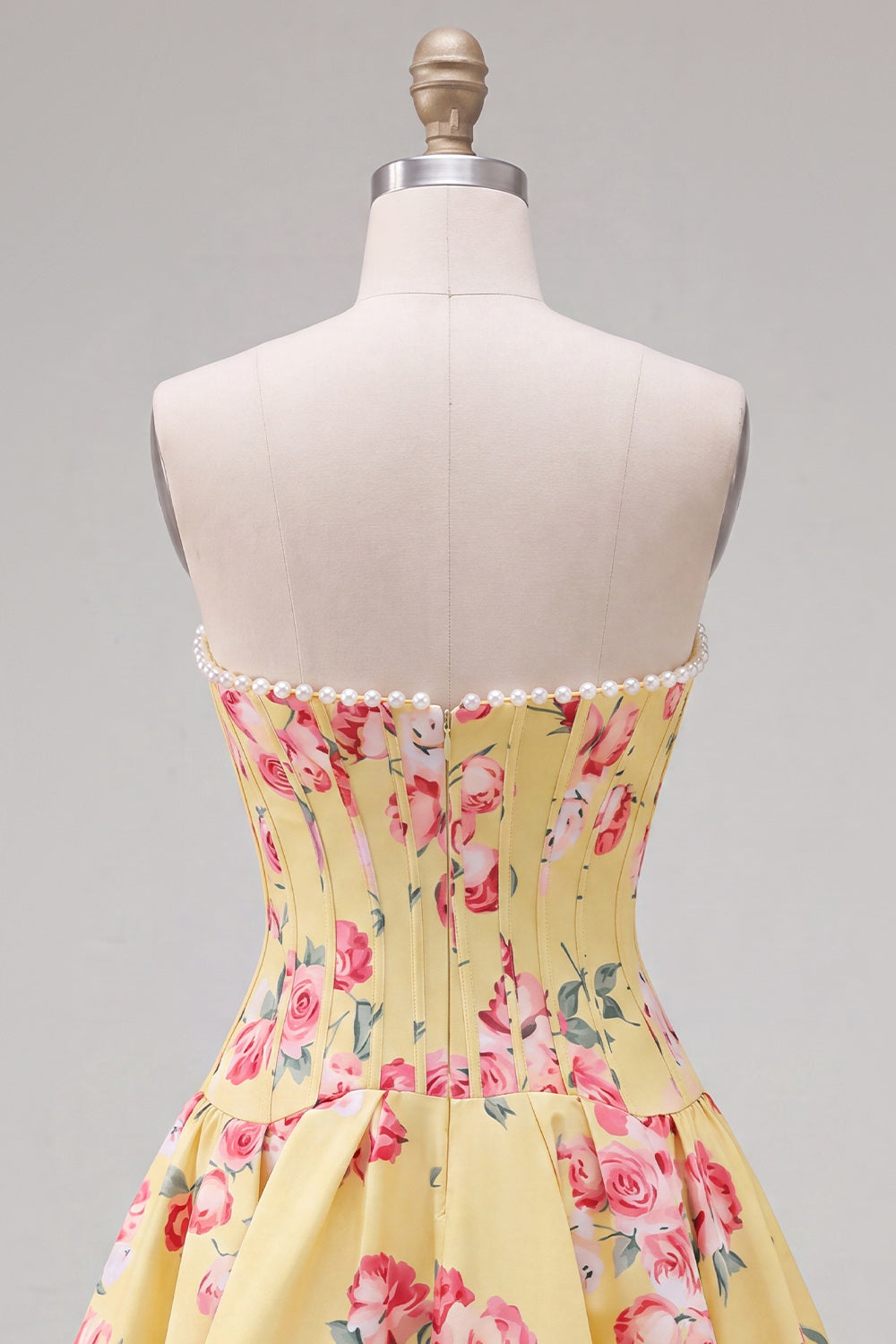 Blue Floral Satin Corset Strapless A-Line Short Homecoming Dress