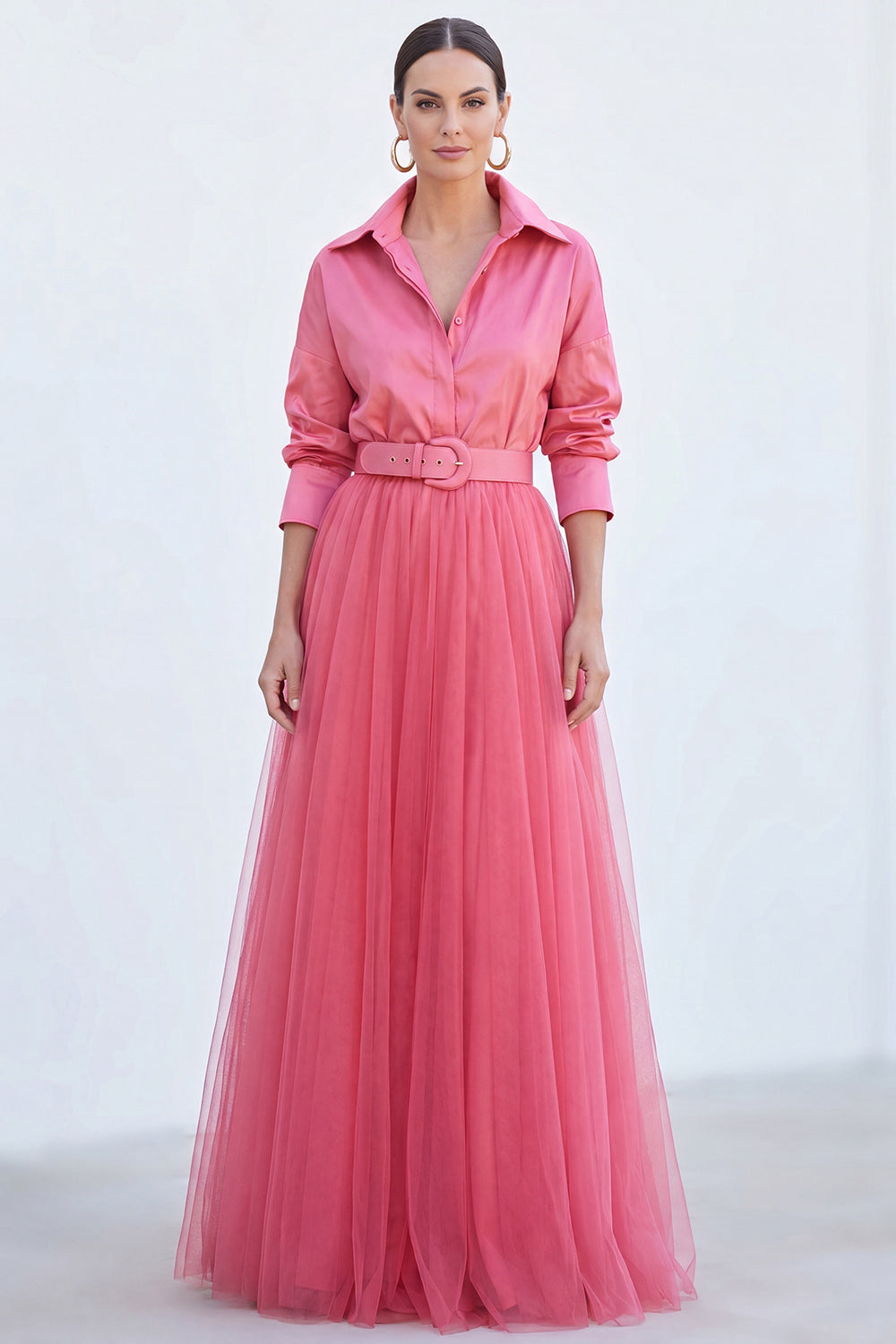 Pink A Line Tulle Long Sleeves Mother of the Bride Dress with Belt