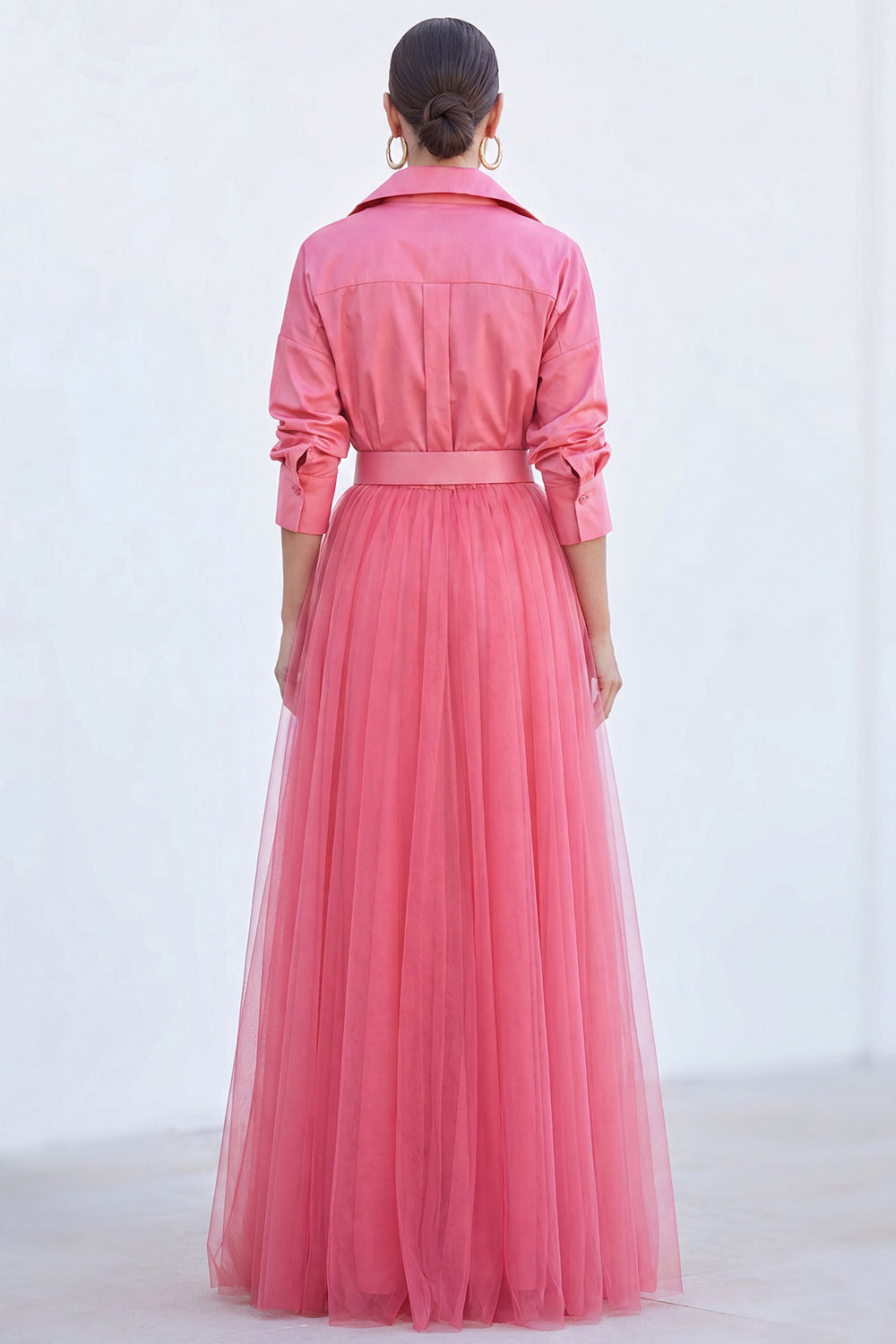 Pink A Line Tulle Long Sleeves Mother of the Bride Dress with Belt