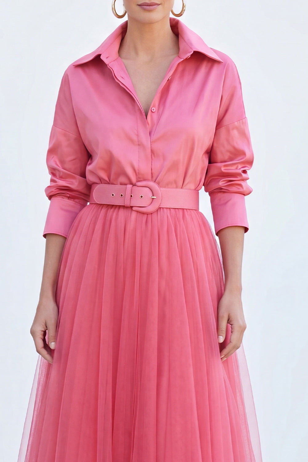 Pink A Line Tulle Long Sleeves Mother of the Bride Dress with Belt