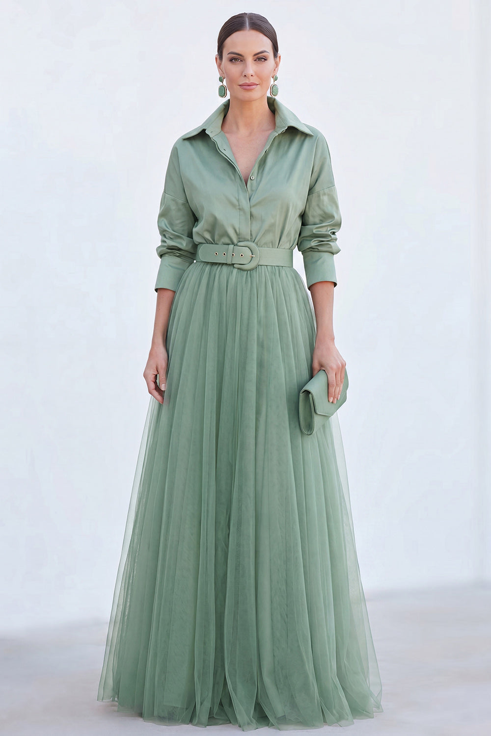 Pink A Line Tulle Long Sleeves Mother of the Bride Dress with Belt
