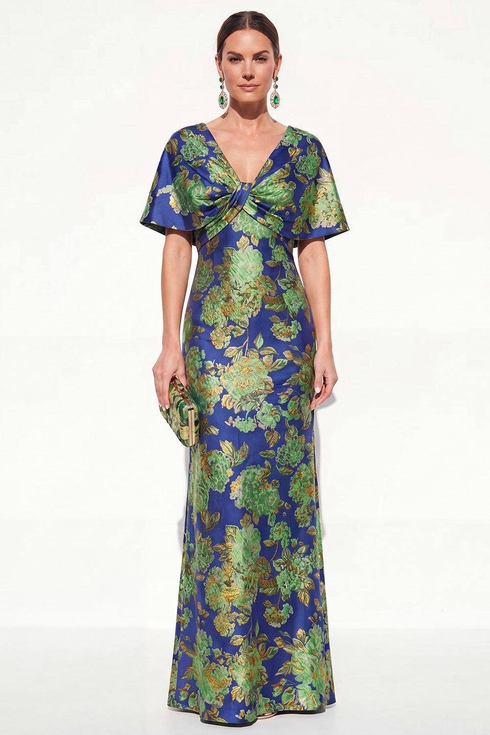Floral Navy Green V-Neck Long Mother of the Bride Dress with Sleeves