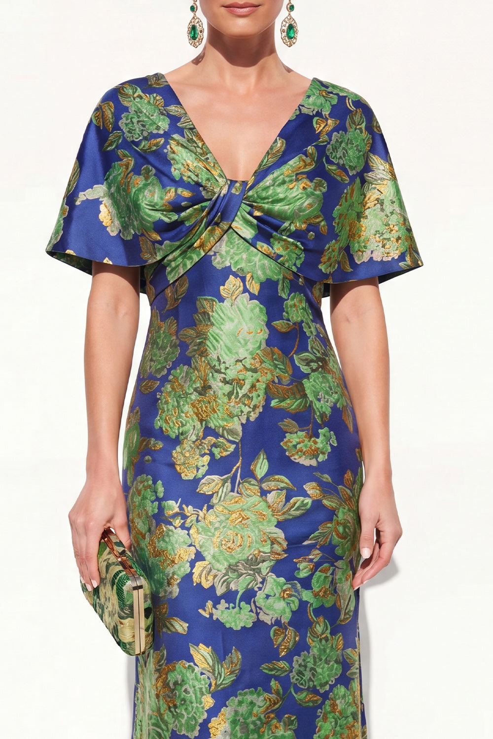 Floral Navy Green V-Neck Long Mother of the Bride Dress with Sleeves