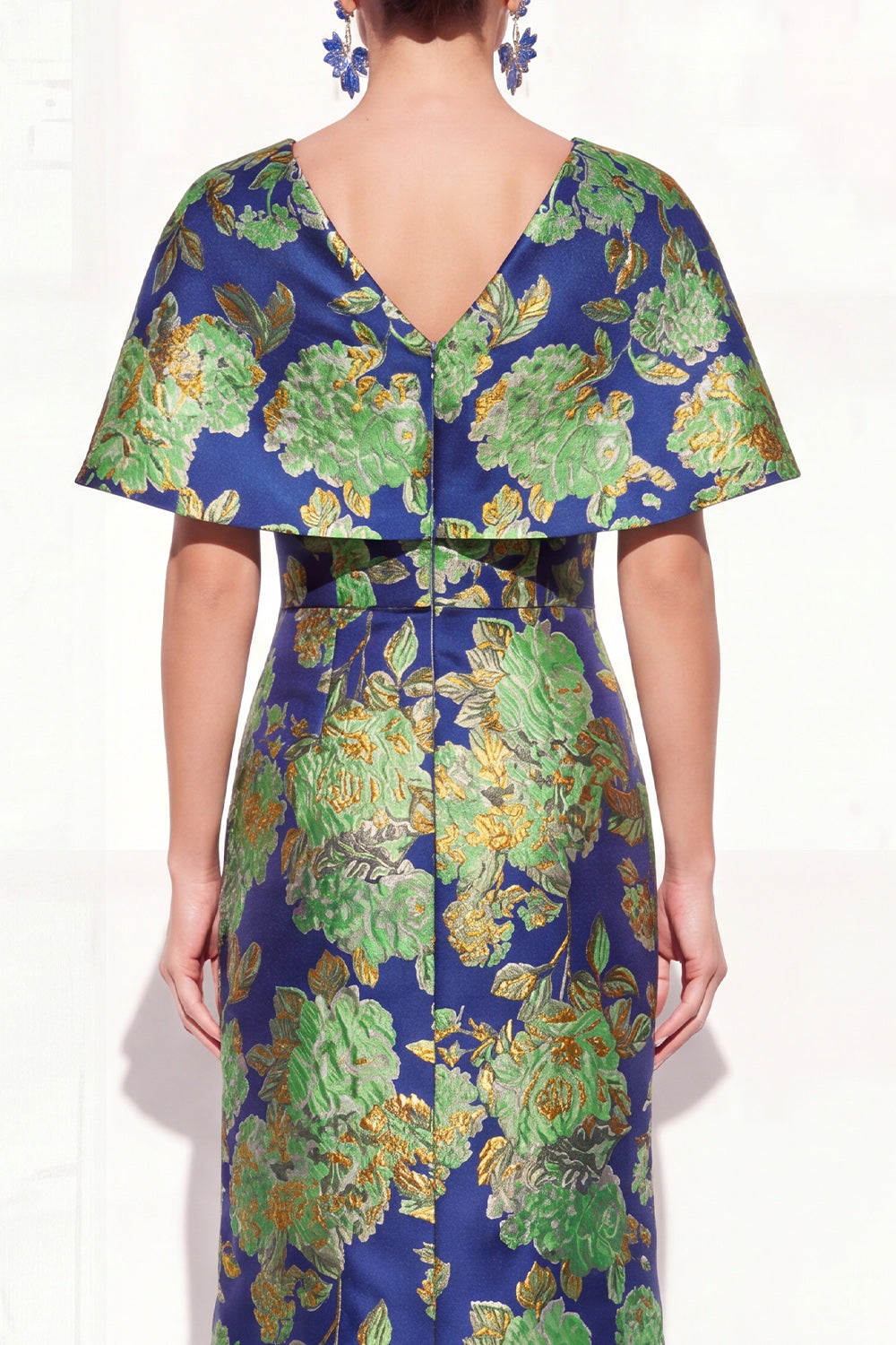 Floral Navy Green V-Neck Long Mother of the Bride Dress with Sleeves