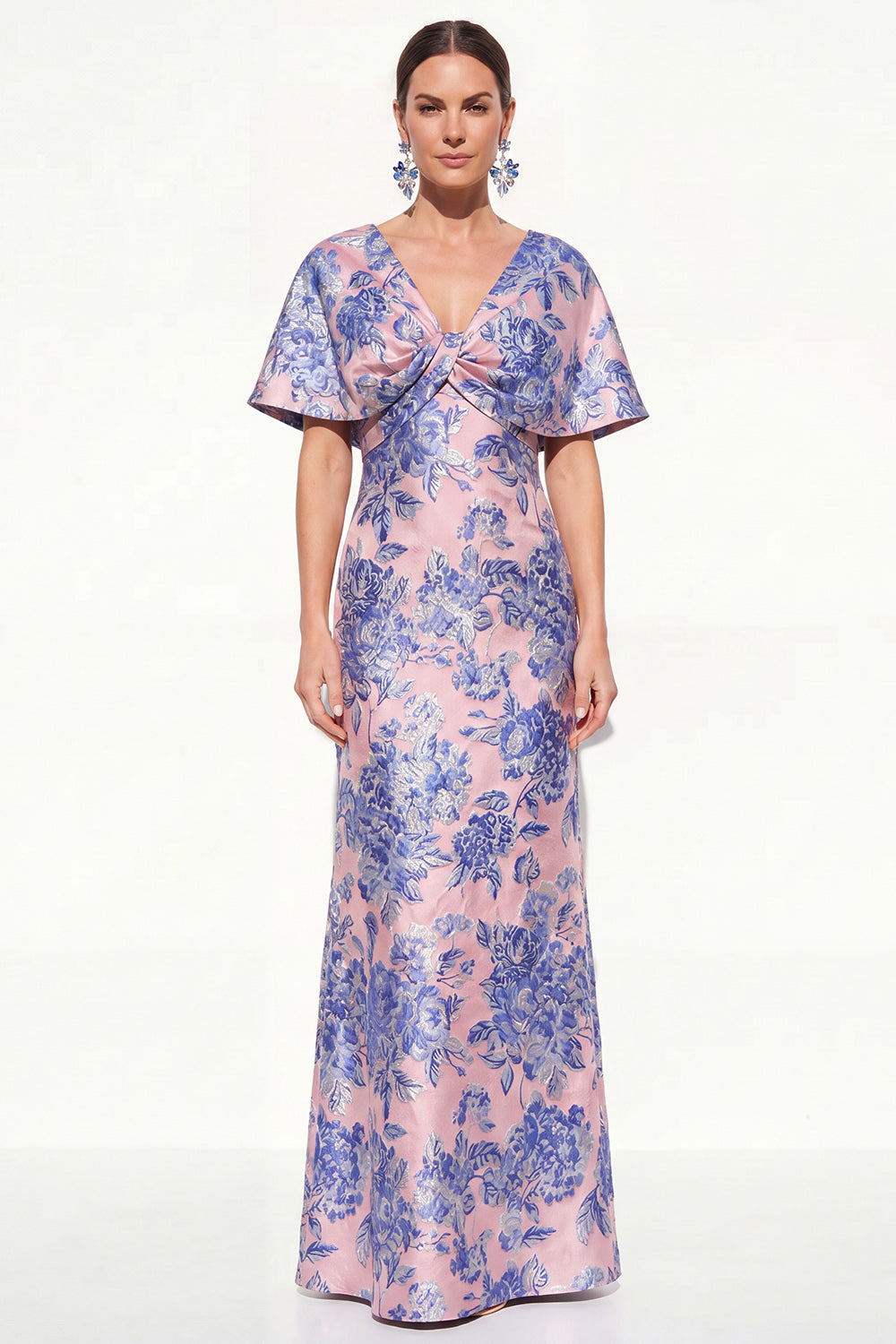 Floral Navy Green V-Neck Long Mother of the Bride Dress with Sleeves