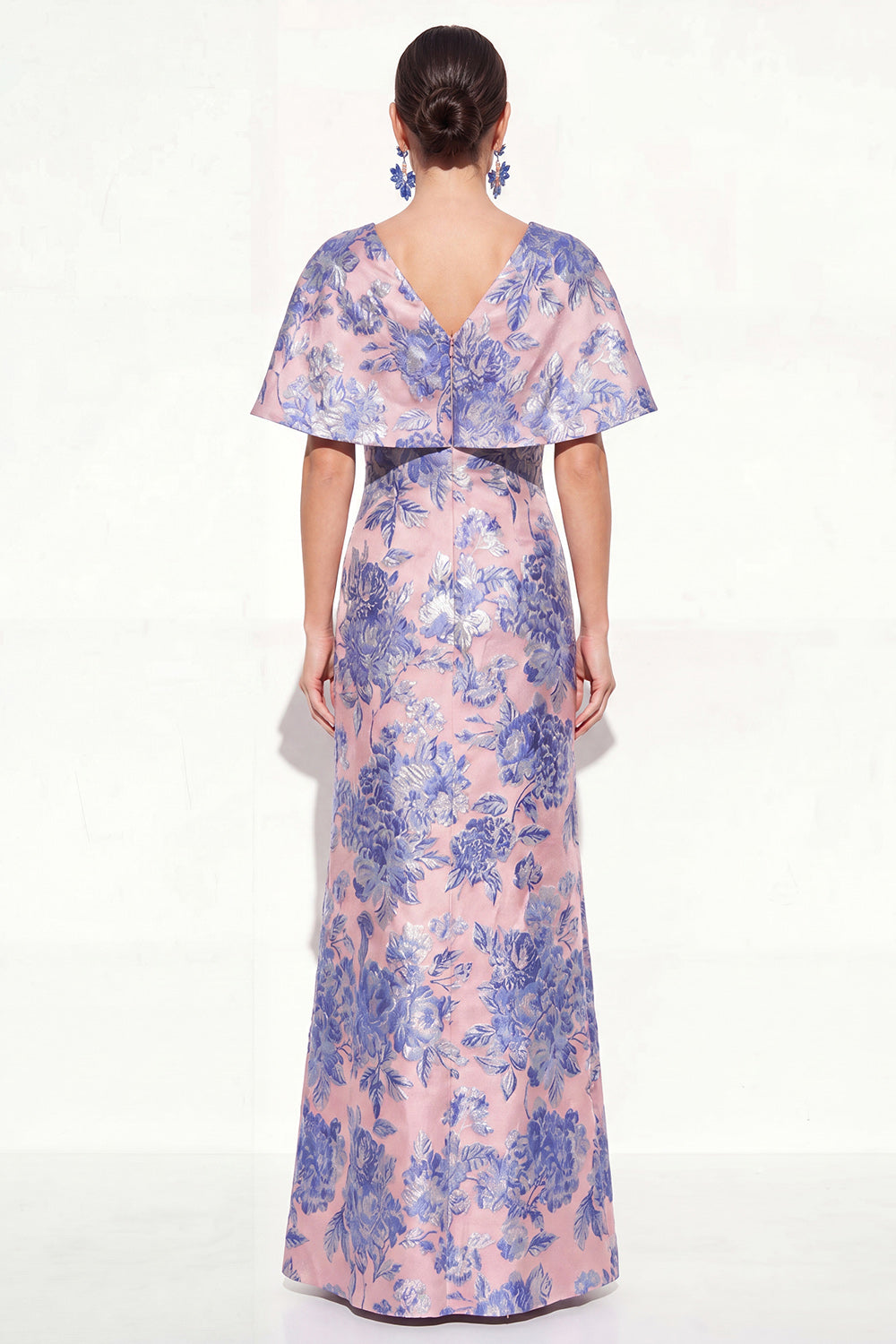 Floral Navy Green V-Neck Long Mother of the Bride Dress with Sleeves