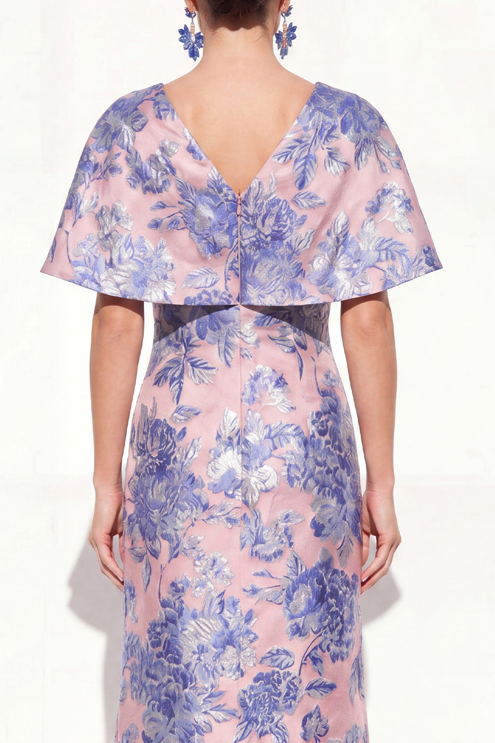 Floral Navy Green V-Neck Long Mother of the Bride Dress with Sleeves