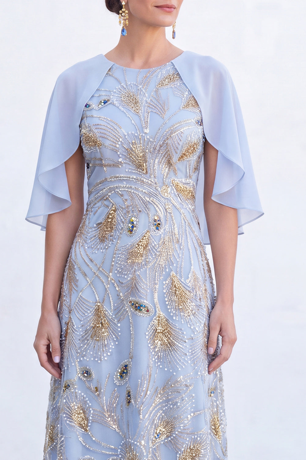 Sparkly Floral Boat Neck Light Blue Long Mother of the Bride Dress with Cape