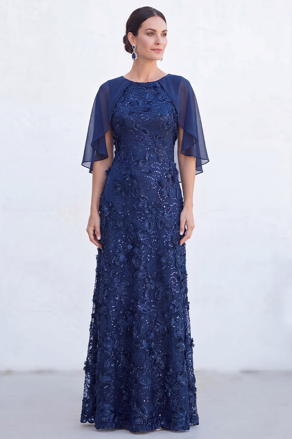 Sparkly Floral Boat Neck Light Blue Long Mother of the Bride Dress with Cape
