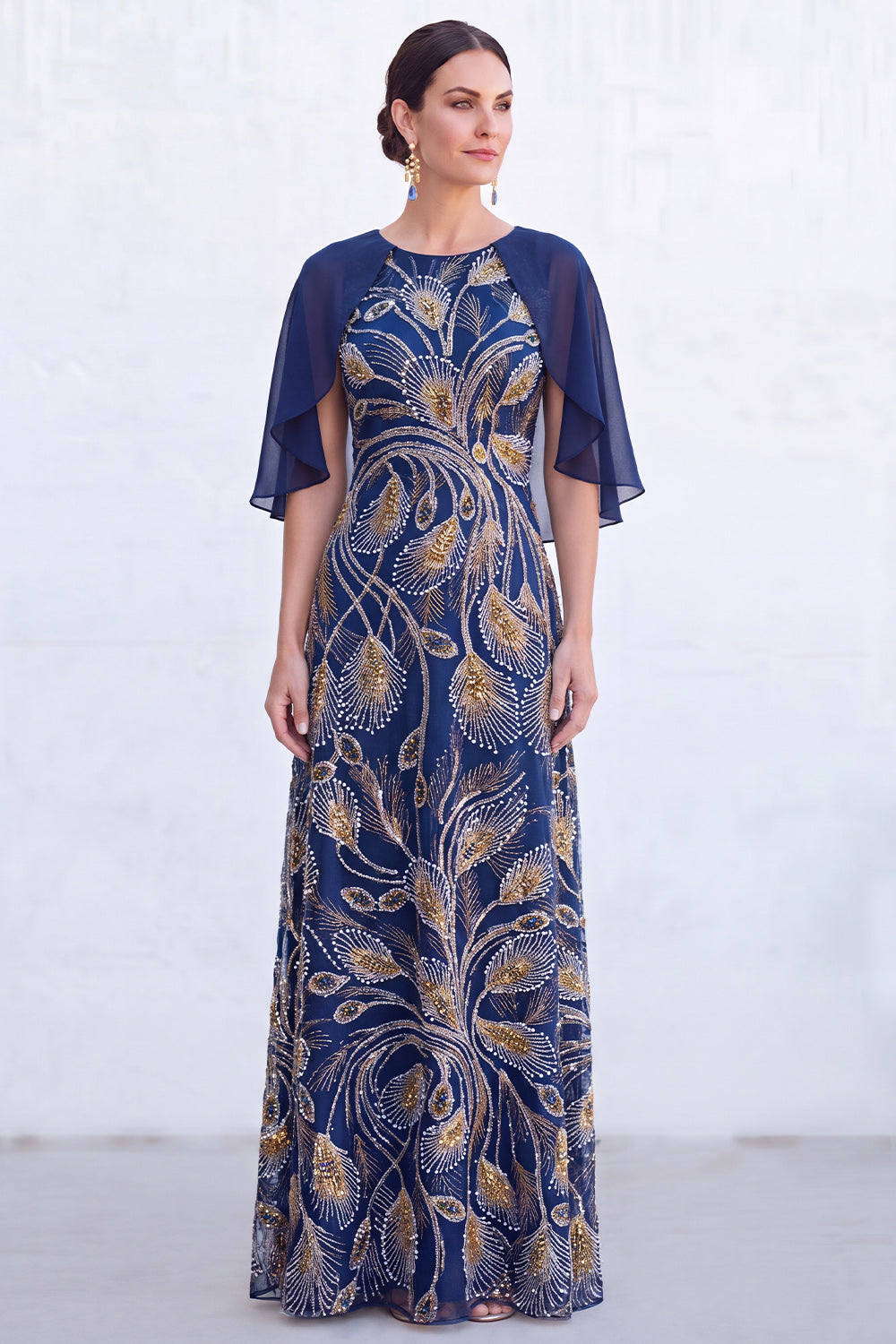 Sparkly Floral Boat Neck Light Blue Long Mother of the Bride Dress with Cape