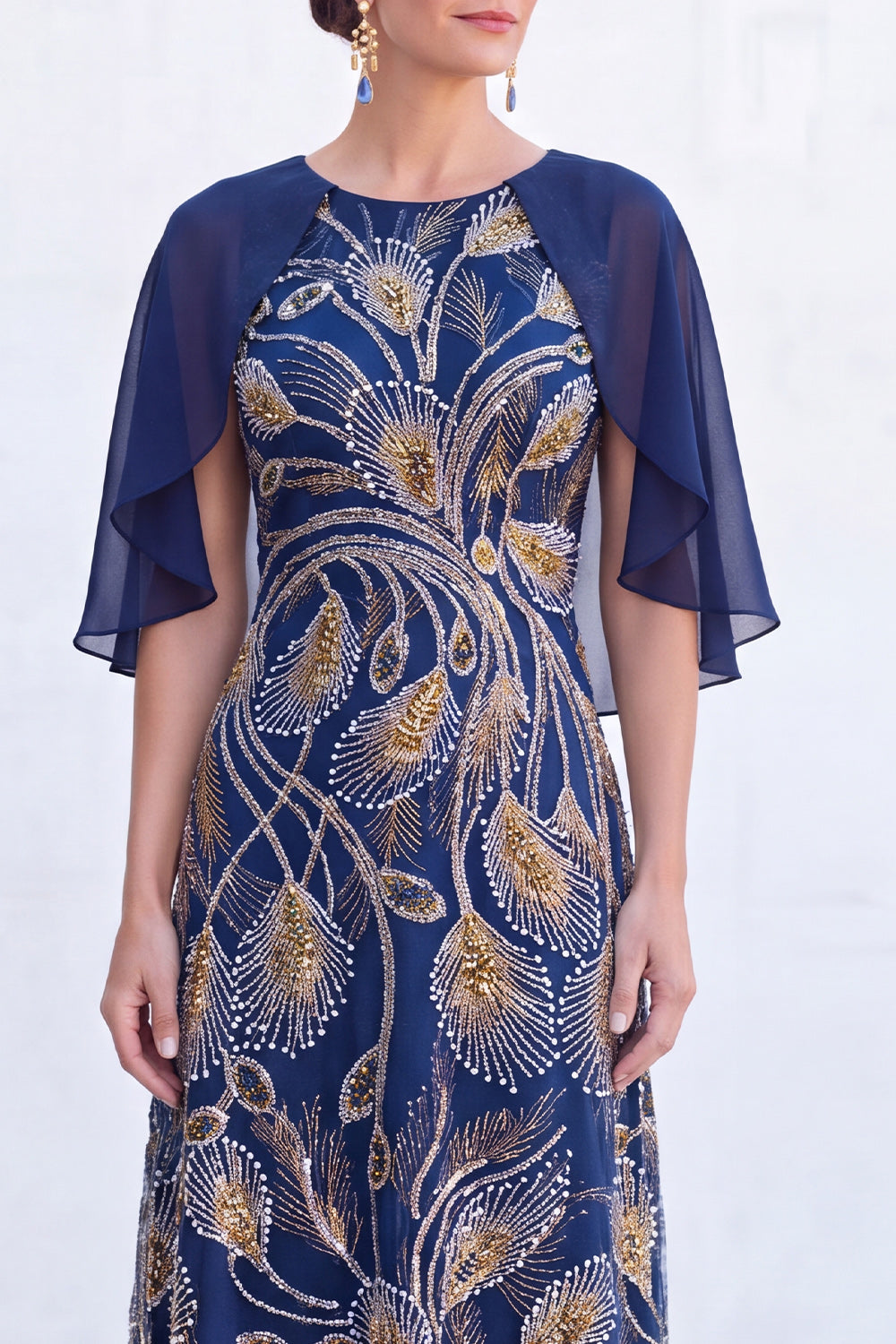 Sparkly Floral Boat Neck Light Blue Long Mother of the Bride Dress with Cape