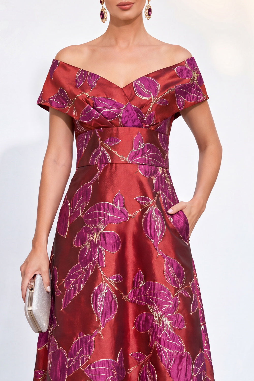 Red Jacquard Off The Shoulder Long Mother of the Bride Dress with Pockets