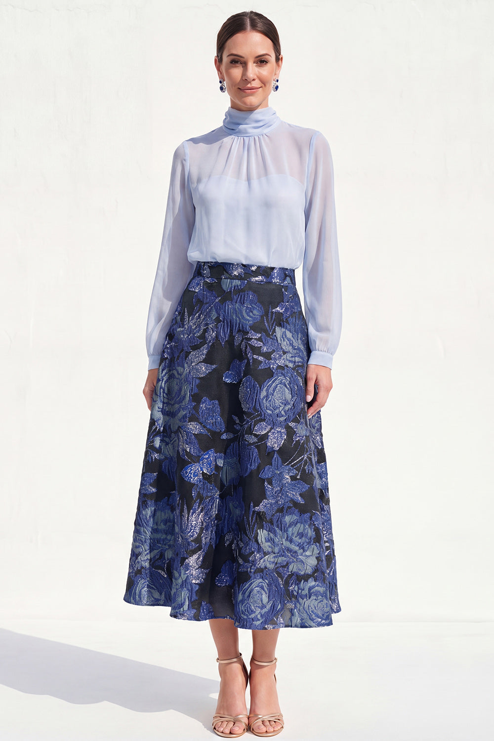 High Neck Purple A Line Floral Long Mother of the Bride Dress with Sleeves