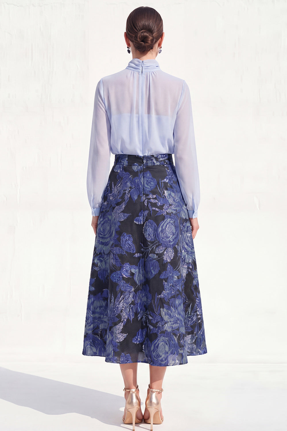 High Neck Purple A Line Floral Long Mother of the Bride Dress with Sleeves