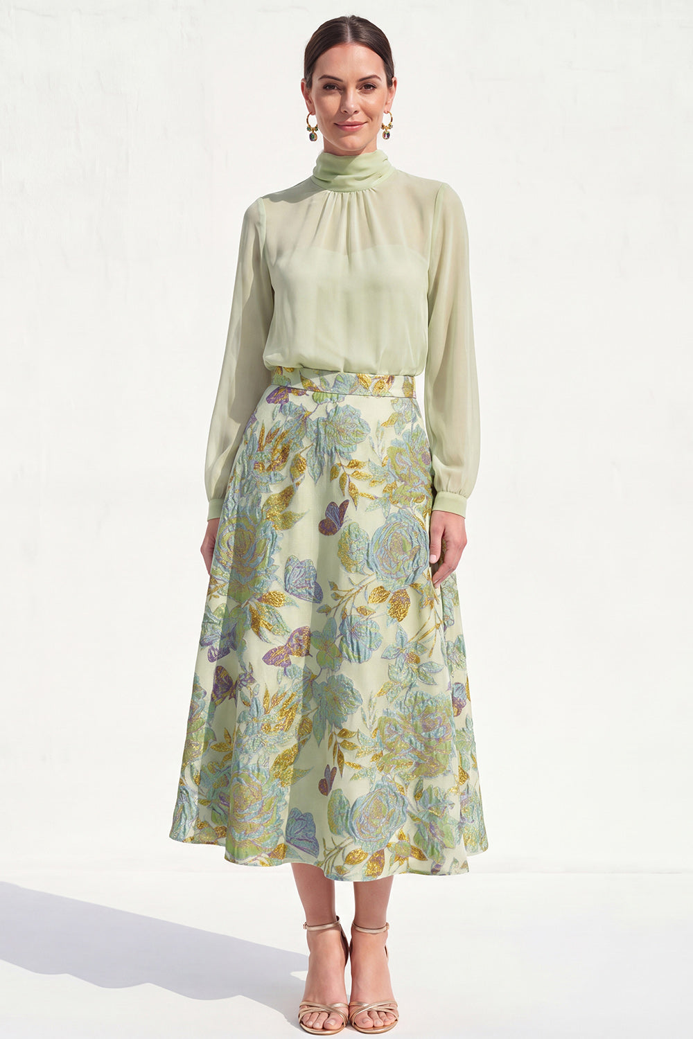 High Neck Purple A Line Floral Long Mother of the Bride Dress with Sleeves