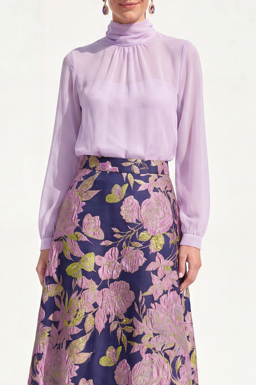 High Neck Purple A Line Floral Long Mother of the Bride Dress with Sleeves