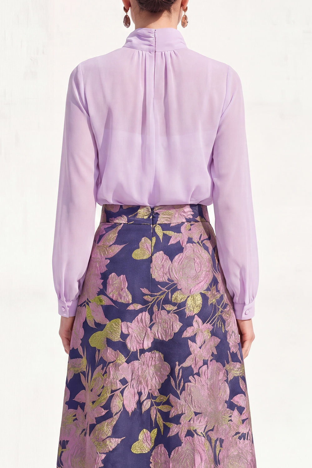 High Neck Purple A Line Floral Long Mother of the Bride Dress with Sleeves