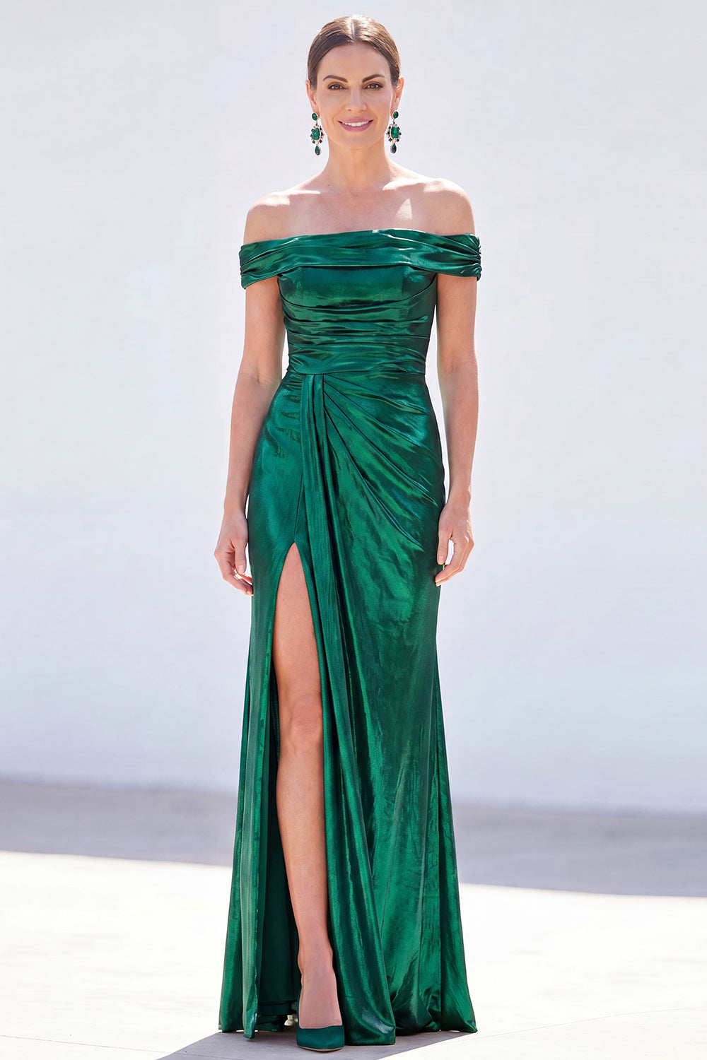 Golden Mermaid Metallic Long Ruched Mother of the Bride Dress with Slit
