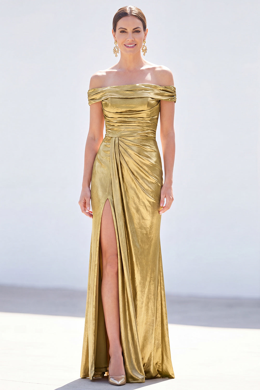 Golden Mermaid Metallic Long Ruched Mother of the Bride Dress with Slit