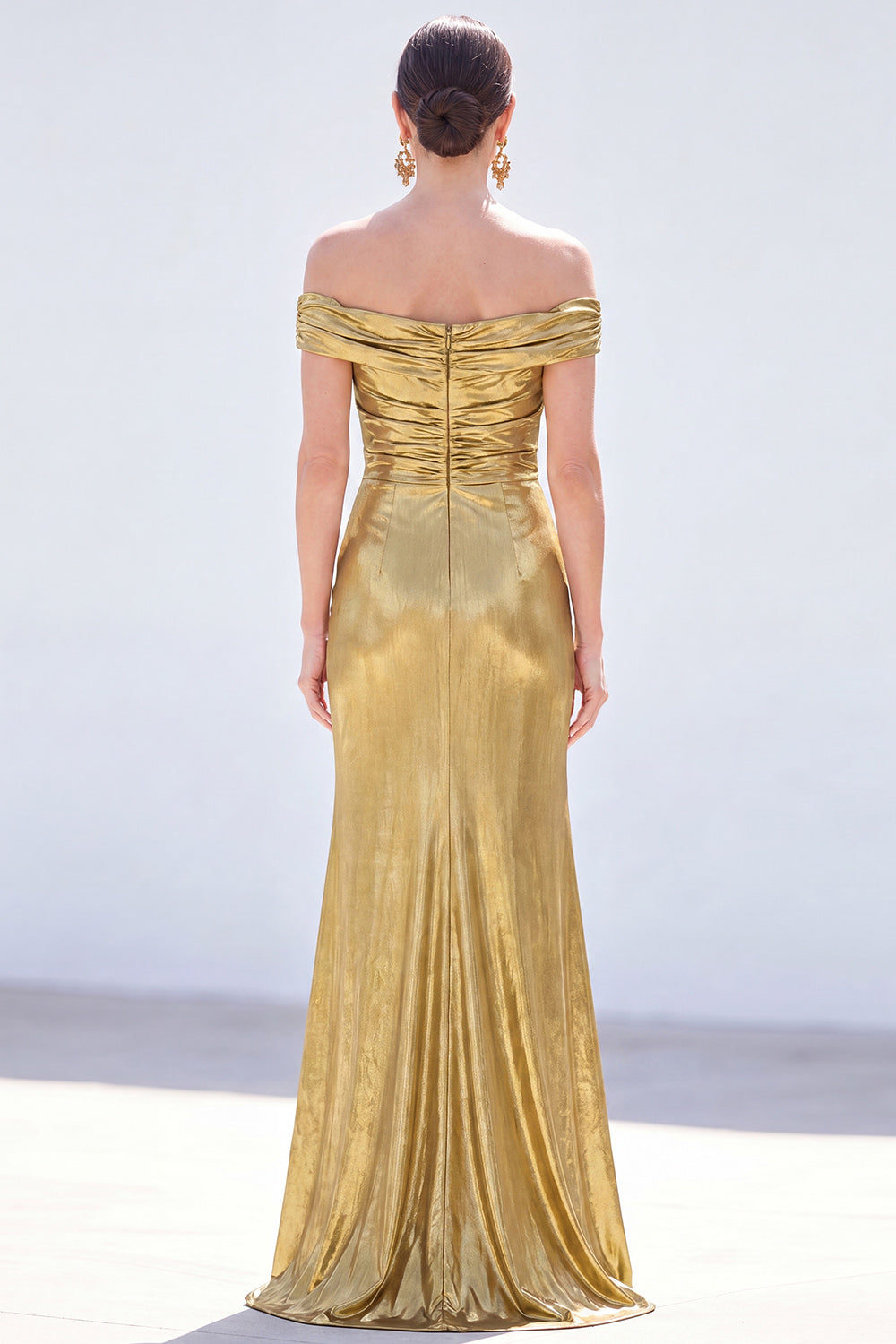 Golden Mermaid Metallic Long Ruched Mother of the Bride Dress with Slit