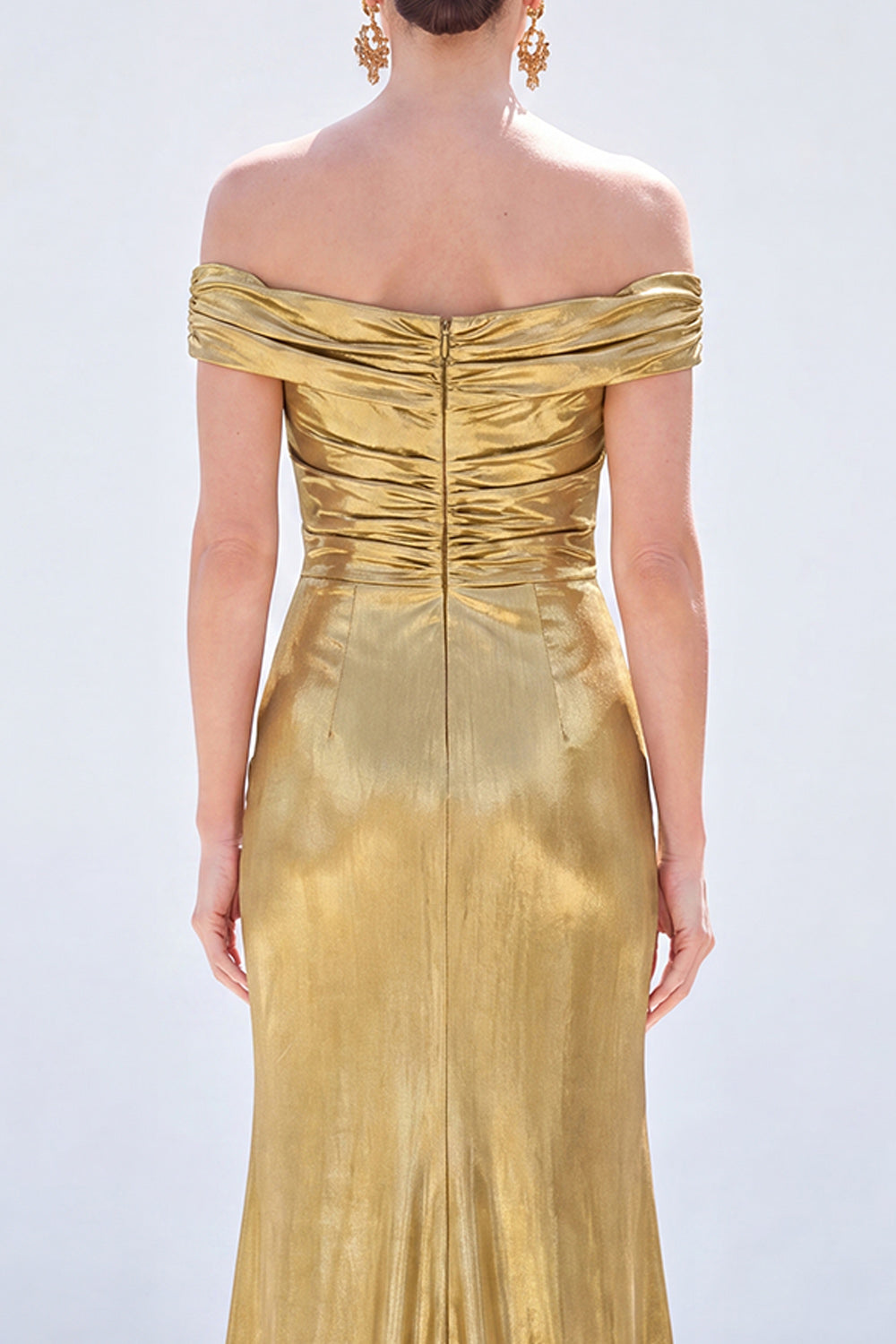 Golden Mermaid Metallic Long Ruched Mother of the Bride Dress with Slit