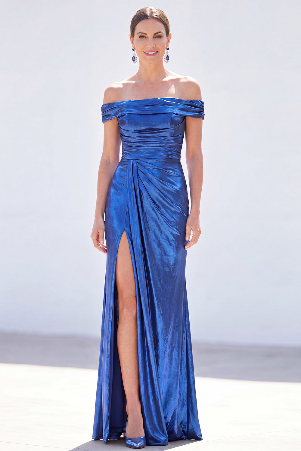 Golden Mermaid Metallic Long Ruched Mother of the Bride Dress with Slit