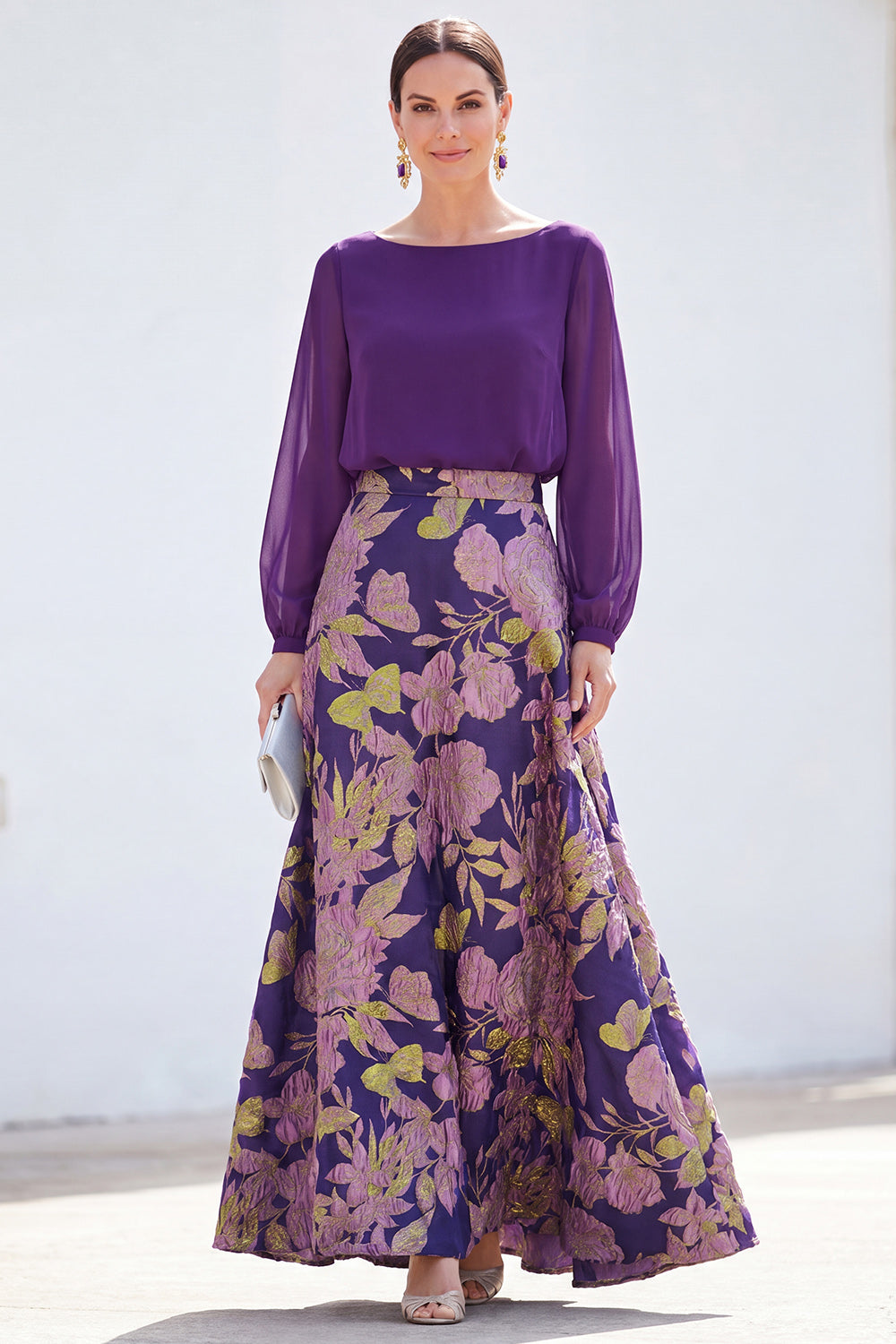 Dark Purple Boat Neck A Line Floral Long Mother of the Bride Dress with Sleeves